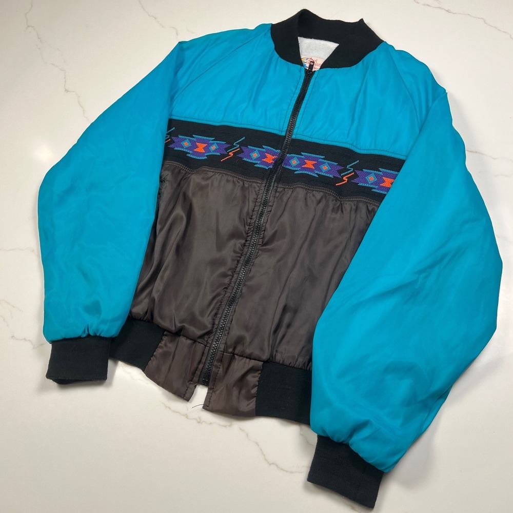 Ozark Mountain Bomber Jacket Mens Aztec Teal Brown Southwestern USA Made